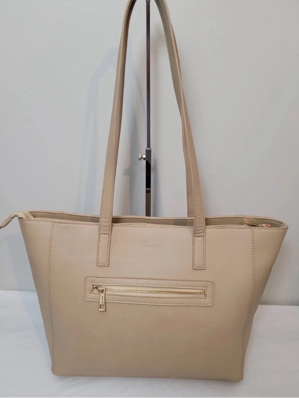 Grateful Taupe Tote Bag Faux Leather Front Zip Pocket Large
